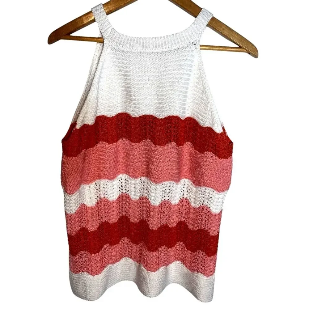 Open Knit Crocheted Multicolor Stripe Sleeveless Sweater Tank Top Summer Top XL - Picture 2 of 6